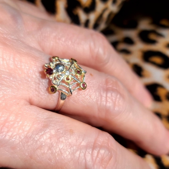 Red Tourmaline & Garnet sleek sterling spider 🕷 on 🕸 web ring sz 8 - Picture 5 of 14